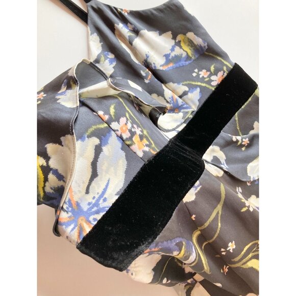 CINQ A SEPT Leena Floral Silk Charmeuse Ruffle Velvet Midi Sheath Dress, Size 2 - Picture 10 of 16